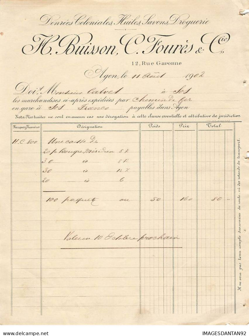 47 AGEN #FAC1074 DENREES COLONIALES HUILES SAVON DROGUERIE BUISSON FOURES 1902 - 1900 – 1949