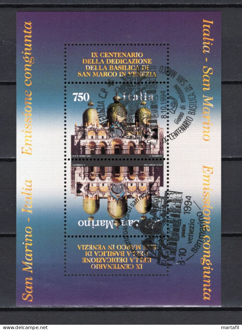1994 SAN MARINO BF 39 USATO 9° Cent. Dedicazione Basilica Di San Marco A Venezia - Hojas Bloque