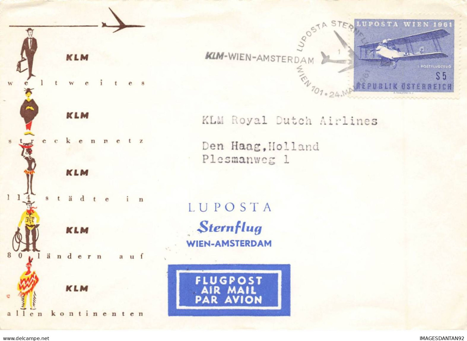 AUTRICHE #36392 MIT FLUGPOST PAR AVION KLM WIEN AMSTERDAM 1961 - Brieven En Documenten