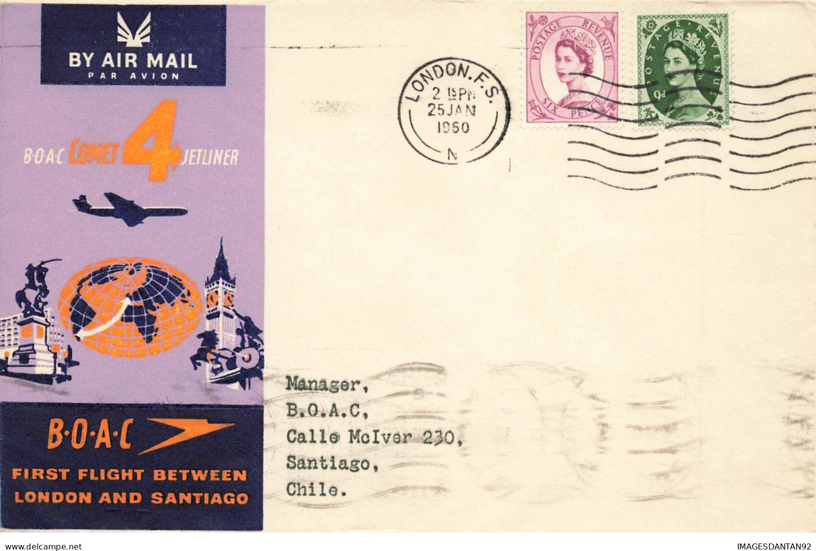 ROYAUME UNI #36384 BOAC FIRST FLIGHT LONDON SANTIAGO CHILE 1960 - Covers & Documents