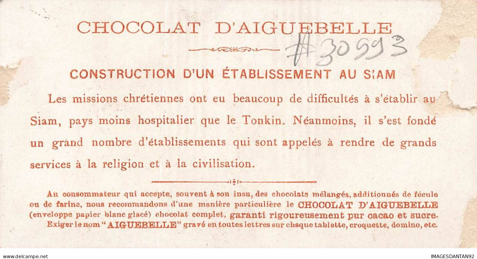 CHROMO #CL30993 CHOCOLAT D AIGUEBELLE RELIGIEUX CATHOLIQUE SIAM THAILANDE - Aiguebelle