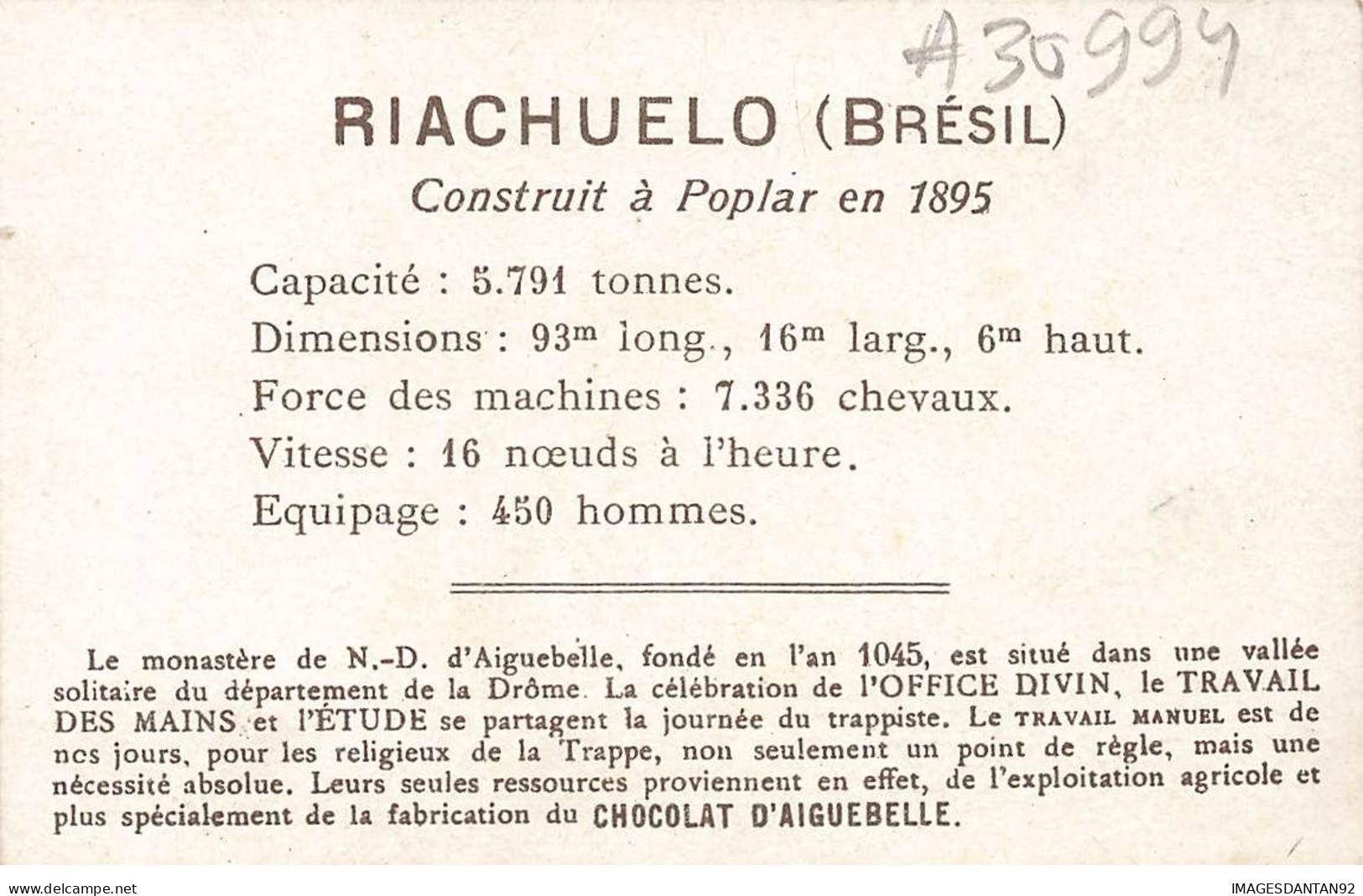 CHROMO #CL30994 CHOCOLAT D AIGUEBELLE RIACHUELO BRESIL CUIRASSE D ESCADRE BATEAU - Aiguebelle