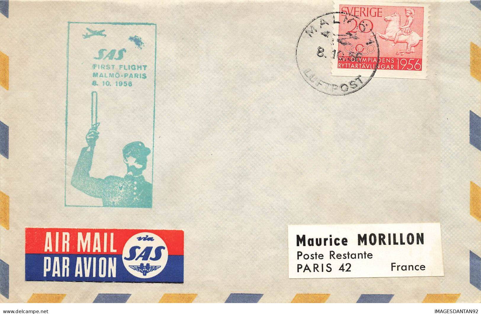SUEDE #36382 SAS FIRST FLIGHT MALMO PARIS 1958 - Covers & Documents