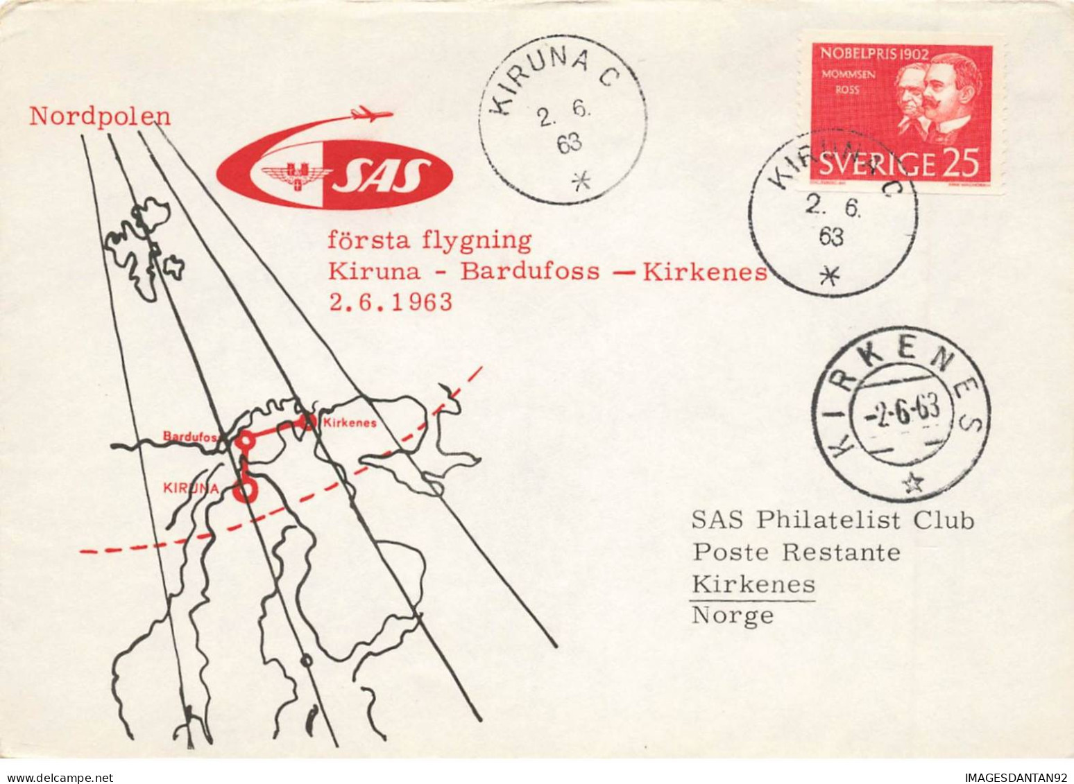SUEDE #36380 FORSTA FLYGNING SAS KIRUNA BARDUFOSS KIRKENES 1963 - Covers & Documents