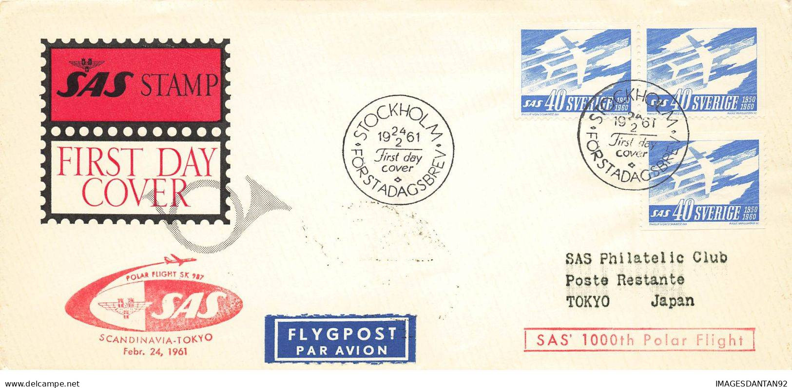 SUEDE #36373 FIRST DAY COVER SCANDINAVIAN SAS STOCKHOLM TOKYO 1961 - Cartas & Documentos