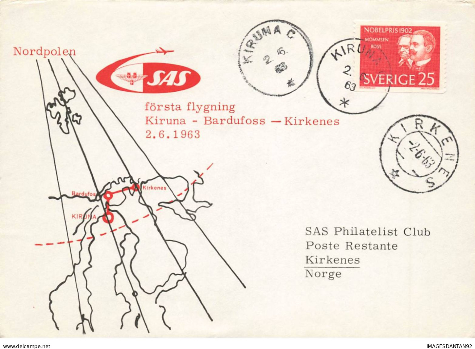 SUEDE #36378 FORSTA FLYGNING SAS KIRUNA BARDUFOSS KIRKENES 1963 - Covers & Documents