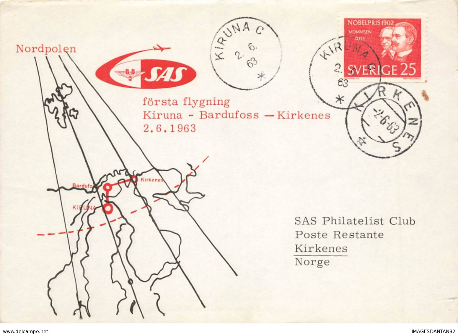 SUEDE #36377 FORSTA FLYGNING SAS KIRUNA BARDUFOSS KIRKENES 1963 - Covers & Documents