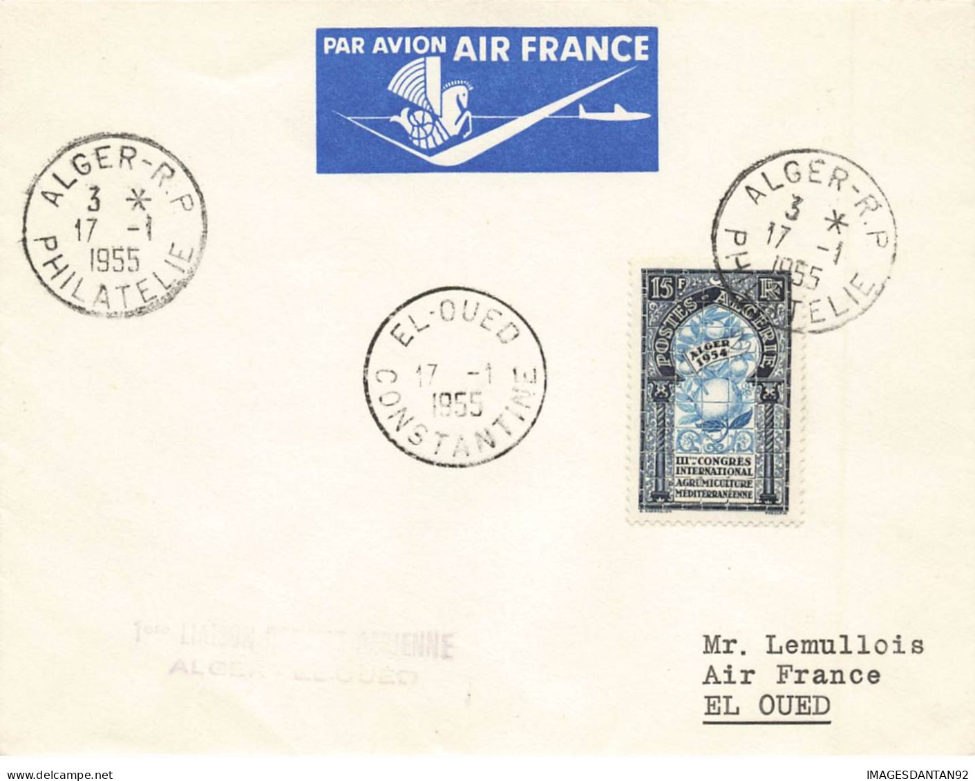FRANCE #36365 AVION AIR FRANCE VOL ALGER EL OUED ALGERIE 1955 - Cartas & Documentos