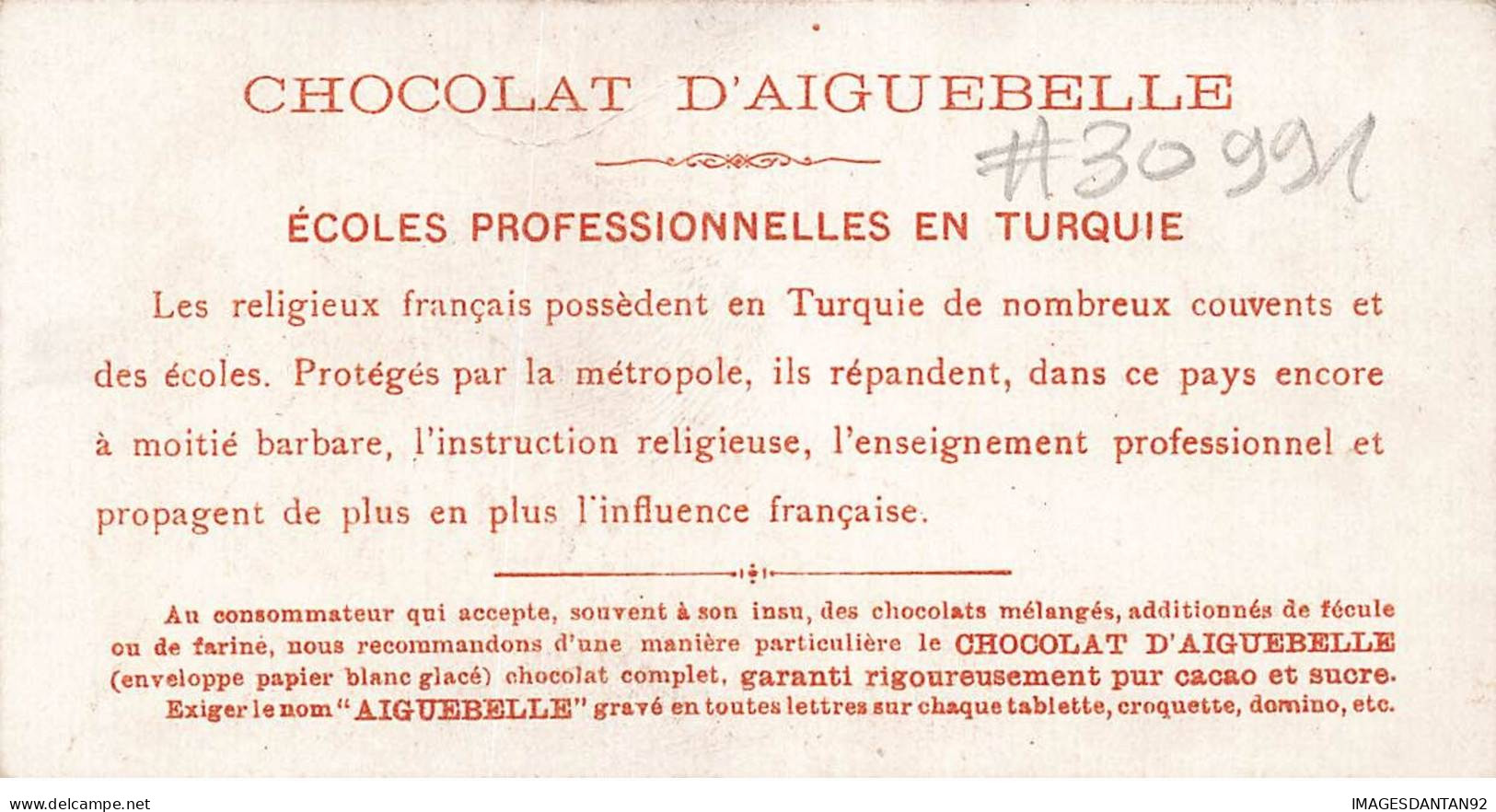 CHROMO #CL30991 CHOCOLAT D AIGUEBELLE ECOLE CHRETIENNE TURQUIE TURKEY - Aiguebelle