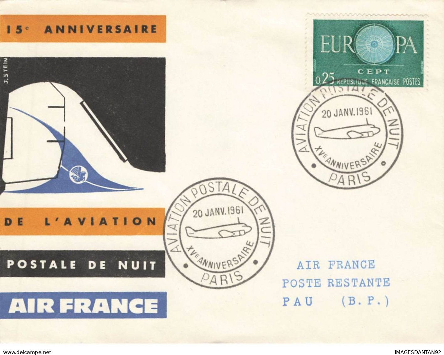 FRANCE #36364 15 EME ANNIVERSAIRE AVIATION POSTALE DE NUIT 1961 PARIS PAU - Lettres & Documents