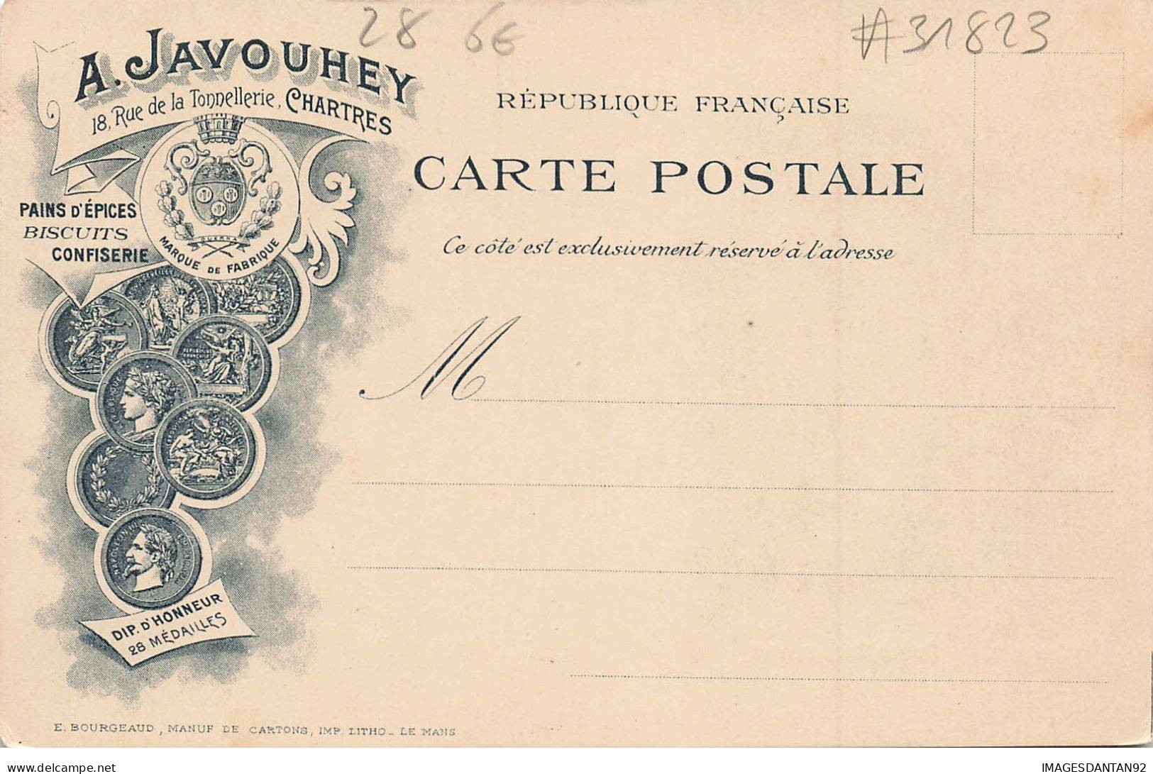 28 CHARTRES #31823 PORTE GUILLAUME + CARTE PUBLICITAIRE JAVOUHEY CONFISERIE RUE DE LA TONNELLERIE - Chartres