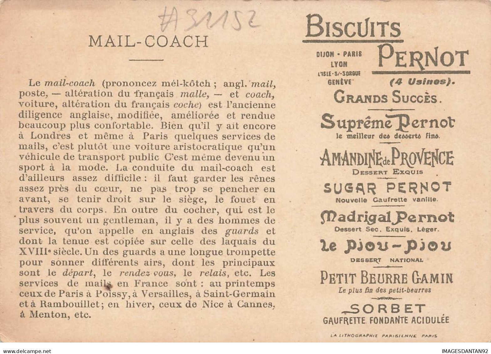 CHROMO #CL31152 BISCUITS PERNOT MAIL COACH DILIGENCE ATTELAGE - Pernot