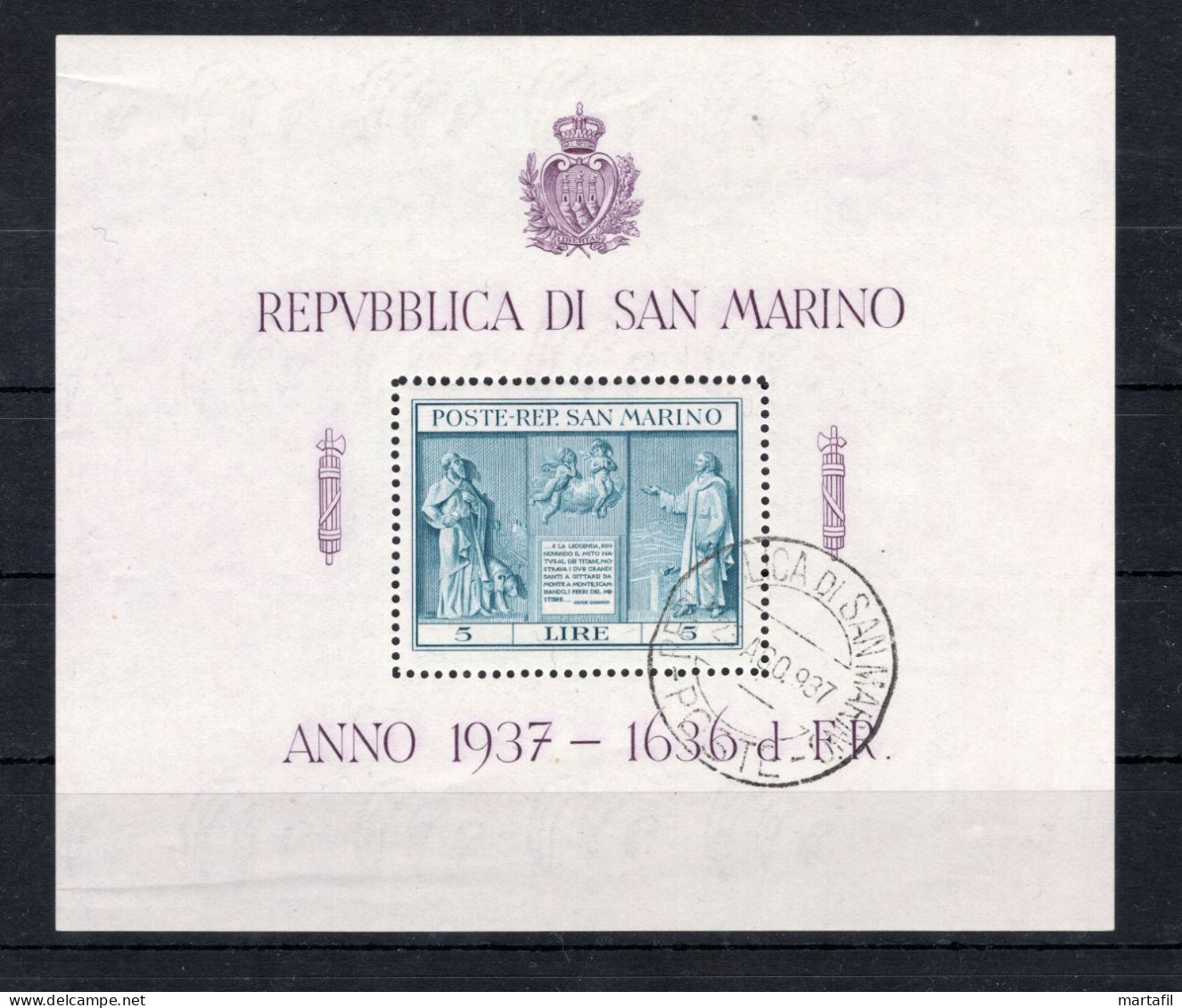 1937 SAN MARINO BF 1 USATO Indipendenza - Blocchi & Foglietti