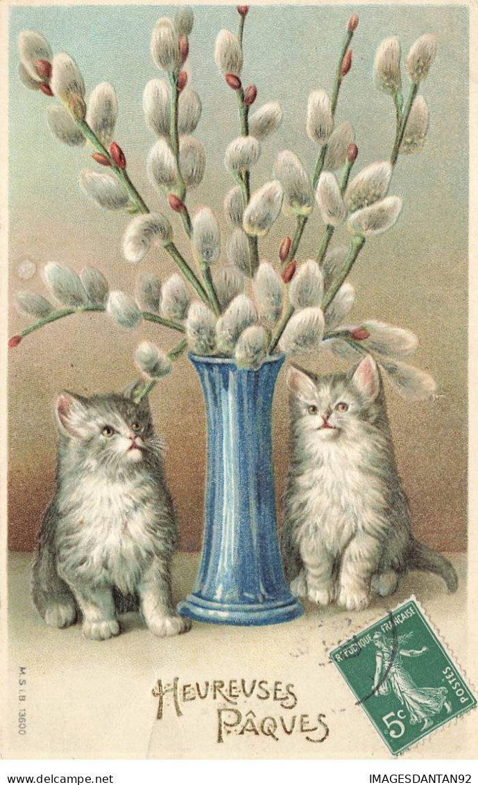 CHATS CHAT #FG35121 CAT KATZE DEUX CHATONS GRIS PRES D UN VASE A FLEURS HEURESES PAQUES GAUFREE - Katzen