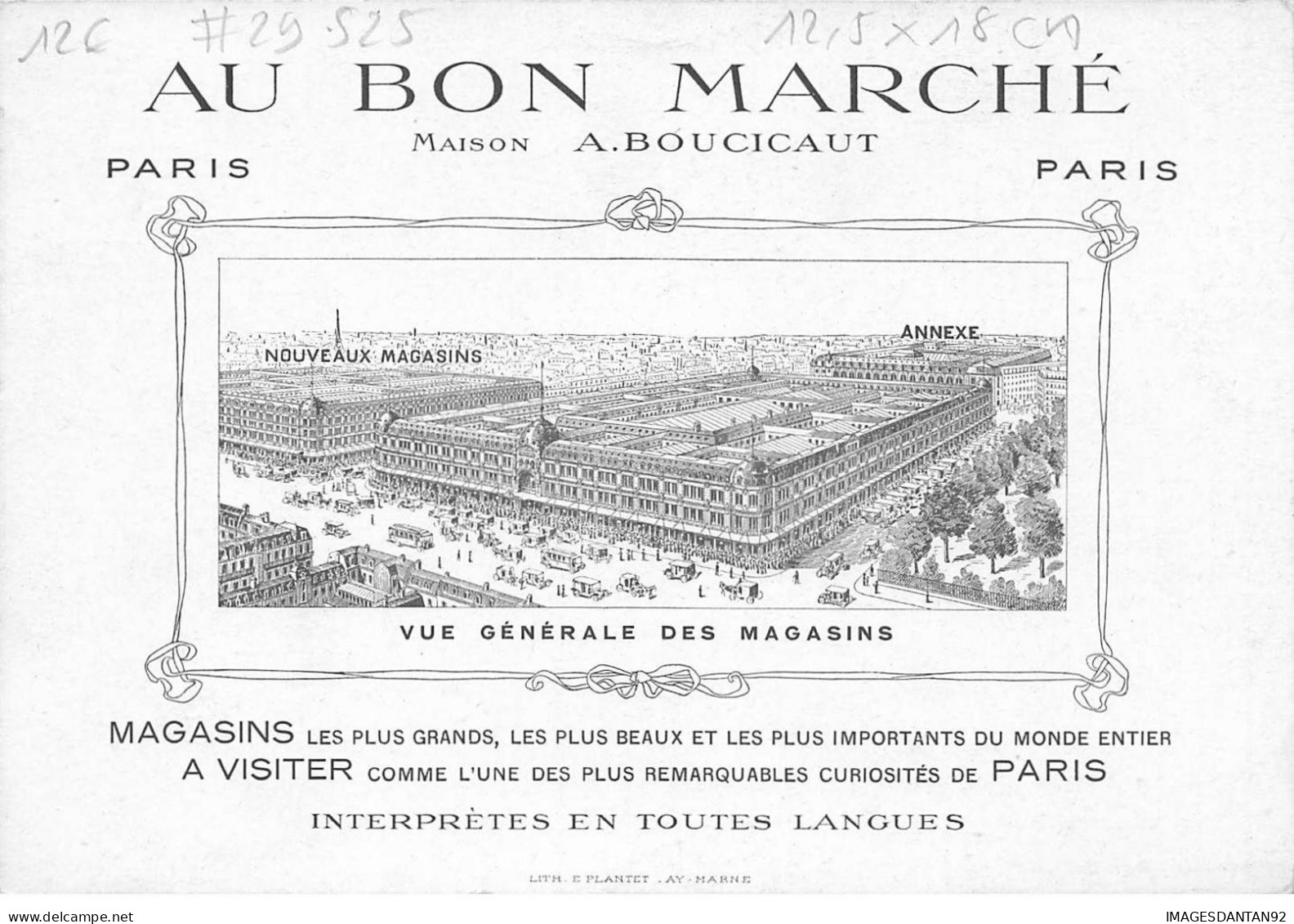 CHROMO #CL29525 AU BON MARCHE BOUCICAUD AU CLAIR DE LUNE PARIS PLANTET 12,5x18 CM - Au Bon Marché