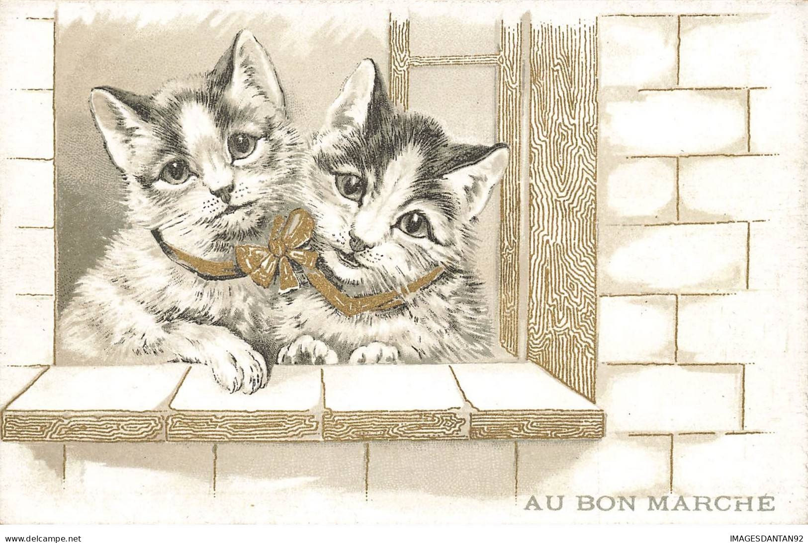 CHROMO #32323 AU BON MARCHE CHATS CHATONS COUPLE AVEC NOEUD DORURE - Au Bon Marché