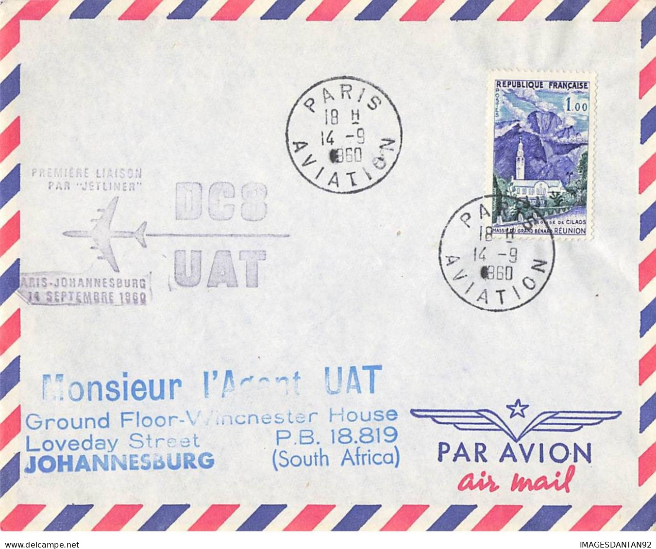 FRANCE #36400 AIR FRANCE PARIS JOHANNESBURG SOUTH AFRICA 1 ERE LIAISON JETLINER 1960 - Cartas & Documentos
