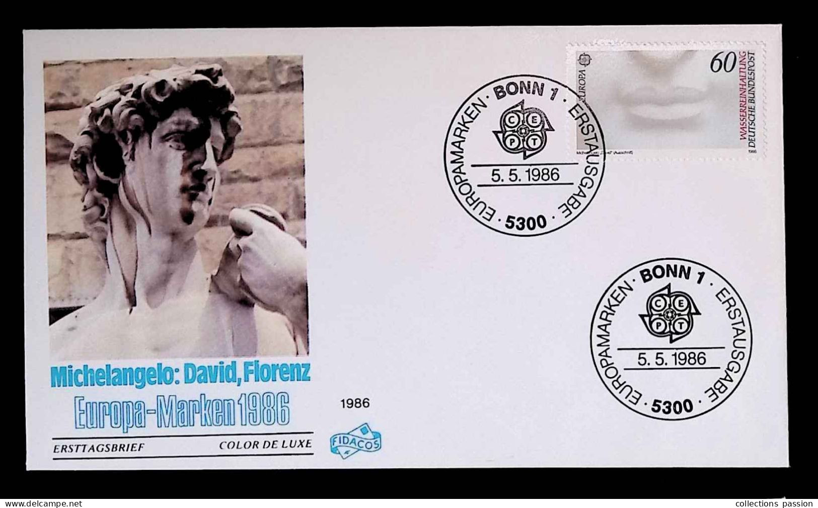 CL, FDC, Premier Jour,  ERSTAUSGABE, Allemagne, Bonn 1, 5.5.1986, Europamarken, Michelangelo : David, Florenz - 1981-1990