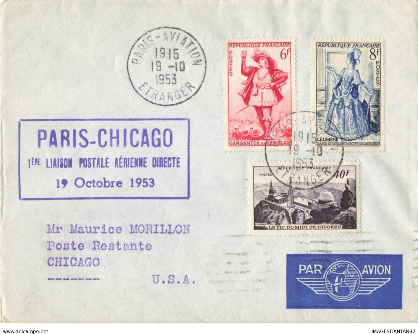 FRANCE #36397 AIR FRANCE PARIS CHICAGO 1 ERE LIAISON POSTALE 1953 - Covers & Documents