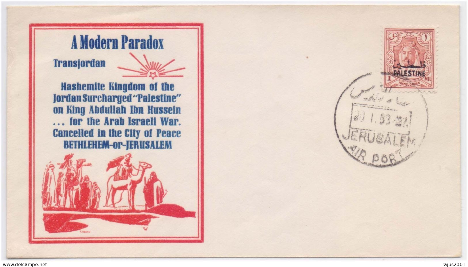 JORDAN Occupation Of PALESTINE, Jordan Surcharged PALESTINE On King Abdullah Stamp For Arab Israel War, Jerusalem Cover - Palästina
