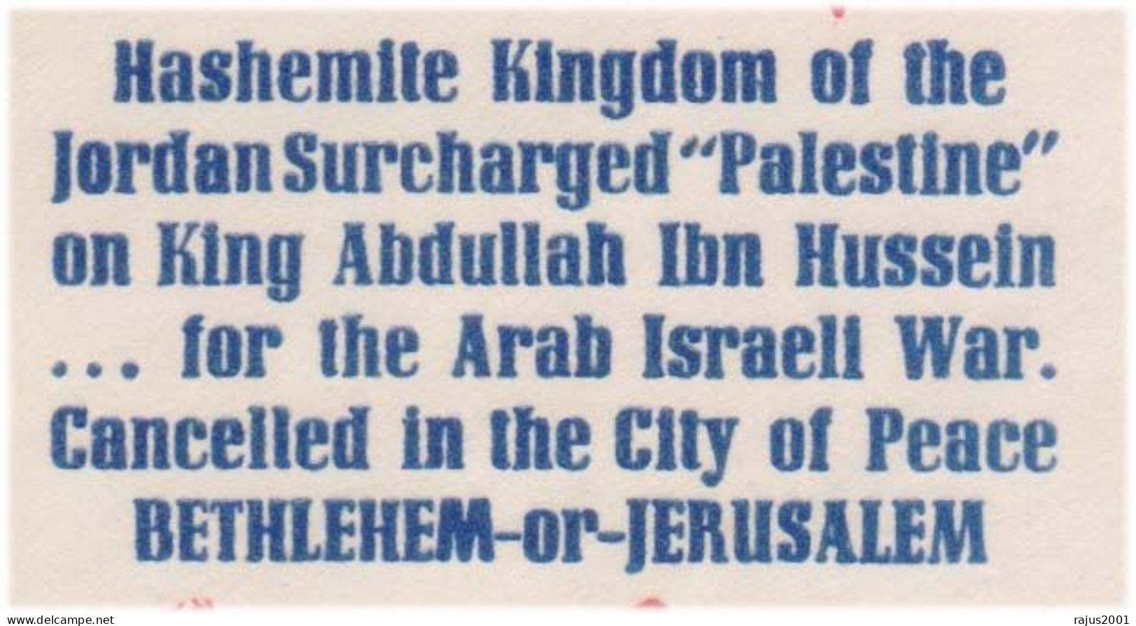 JORDAN Occupation Of PALESTINE, Jordan Surcharged PALESTINE On King Abdullah Stamp For Arab Israel War, Jerusalem Cover - Palestina