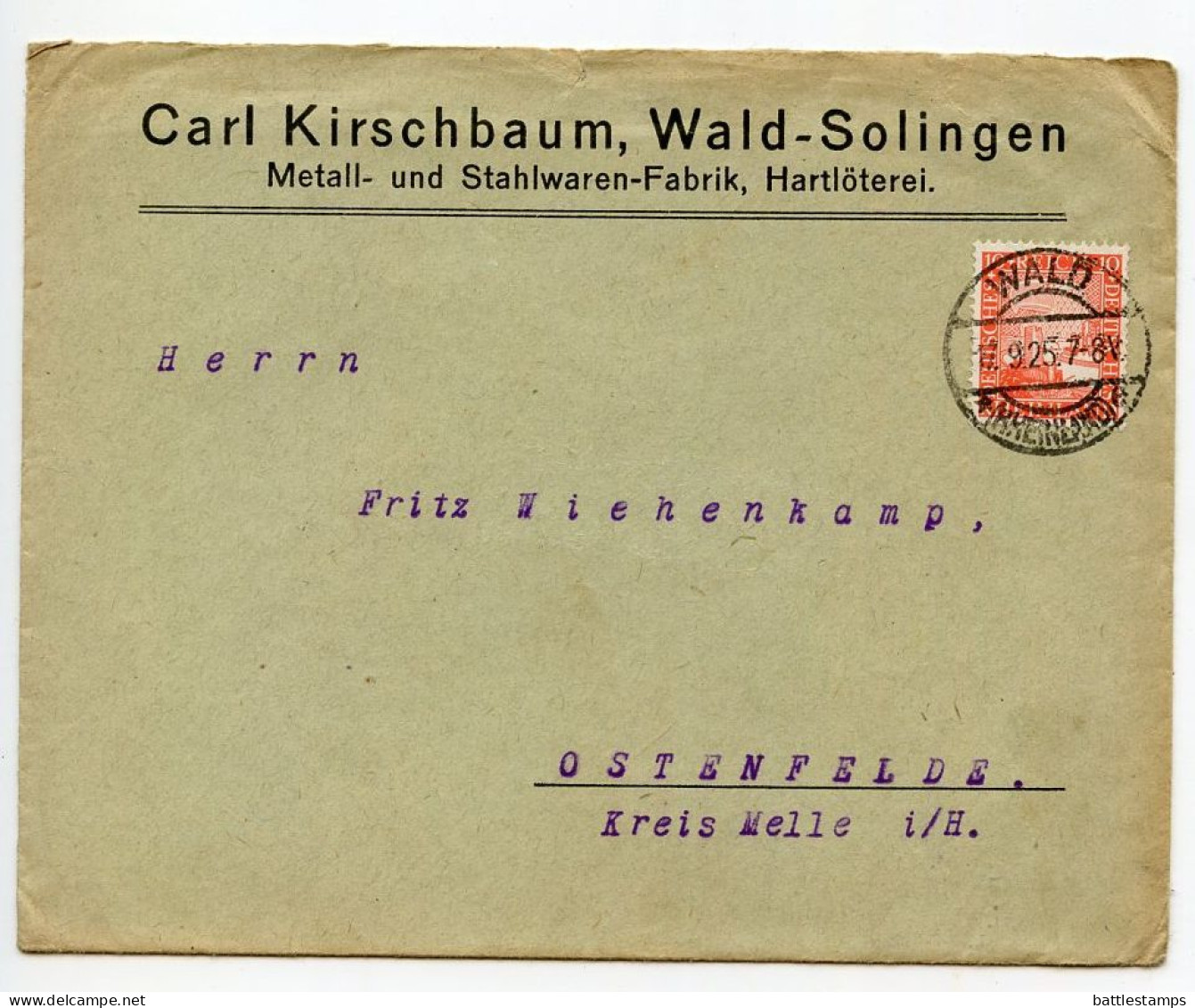 Germany 1925 Cover & Letter; Wald - Carl Kirschbaum, Metall- Und Stahlwaren-Fabrik; 10pf. German Eagle & Rhineland - Covers & Documents