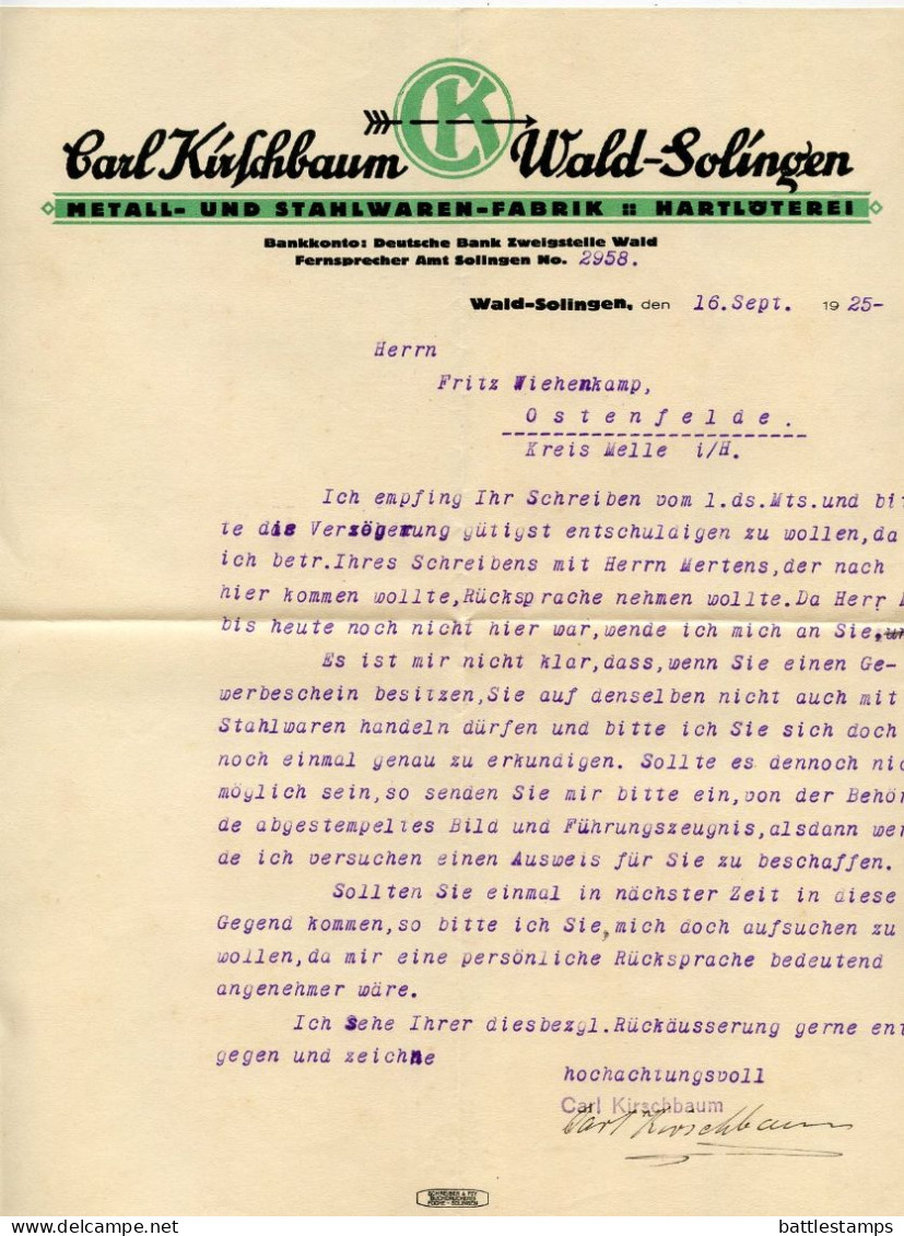 Germany 1925 Cover & Letter; Wald - Carl Kirschbaum, Metall- Und Stahlwaren-Fabrik; 10pf. German Eagle & Rhineland - Covers & Documents