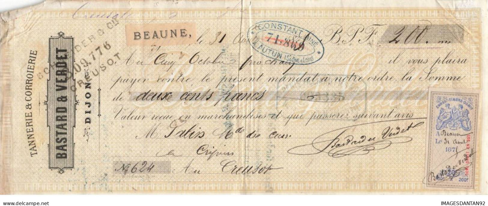 TIMBRE FISCAL N°184A 20C SURCHARGE TANNERIE CORROIERIE BASTARD VERDET DIJON BEAUNE DPT 21 - Autres & Non Classés