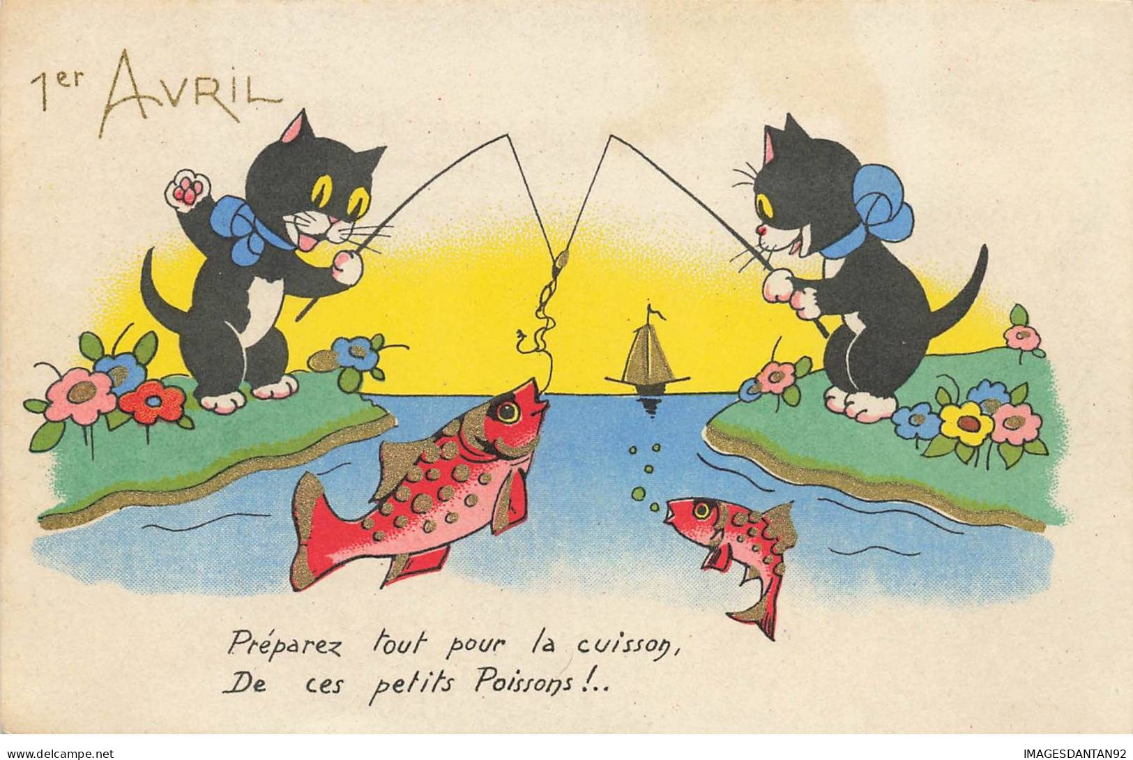 CHATS CHAT #FG35184 CAT KATZE NOIR 1 ER AVRIL PECHE PECHEURS DE POISSONS DORES DORURE - Gatos