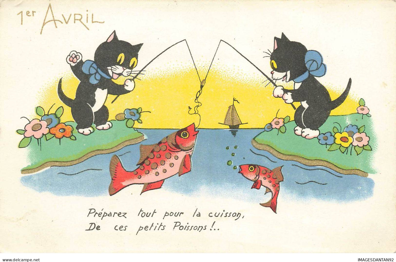 CHATS CHAT #FG35186 CAT KATZE NOIR 1 ER AVRIL PECHE ET PECHEURS AVEC POISSONS DORES DORURE - Katzen