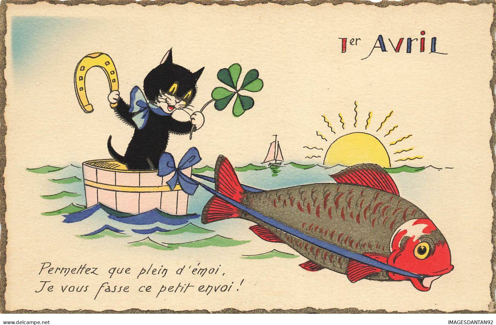 CHATS CHAT #FG35182 CAT KATZE NOIR TIRE PAR UN POISSON DORE TREFLE FER 1 ER AVRIL DORURE - Gatti