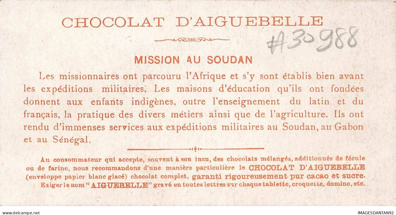 CHROMO #CL30988 CHOCOLAT D AIGUEBELLE PRETRE MISSIONNAIRE SOUDAN ATELIER MENUISERIE - Aiguebelle