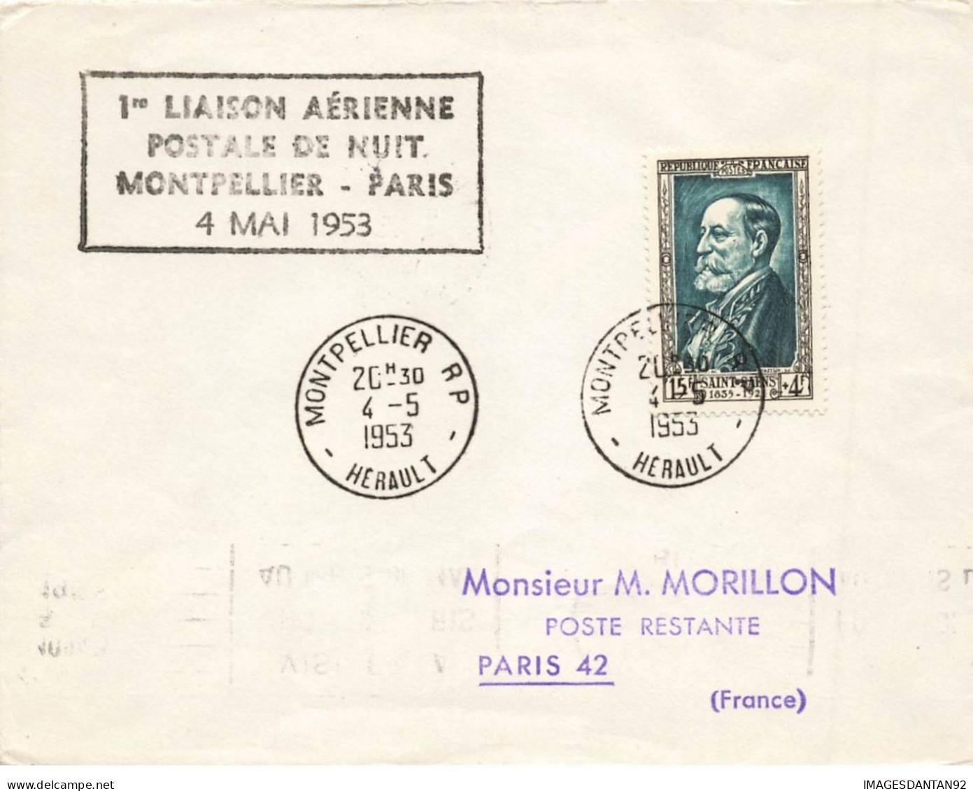 FRANCE #36362 1 ERE LIAISON AERIENNE DE NUIT MONTPELLIER PARIS 1953 - Cartas & Documentos