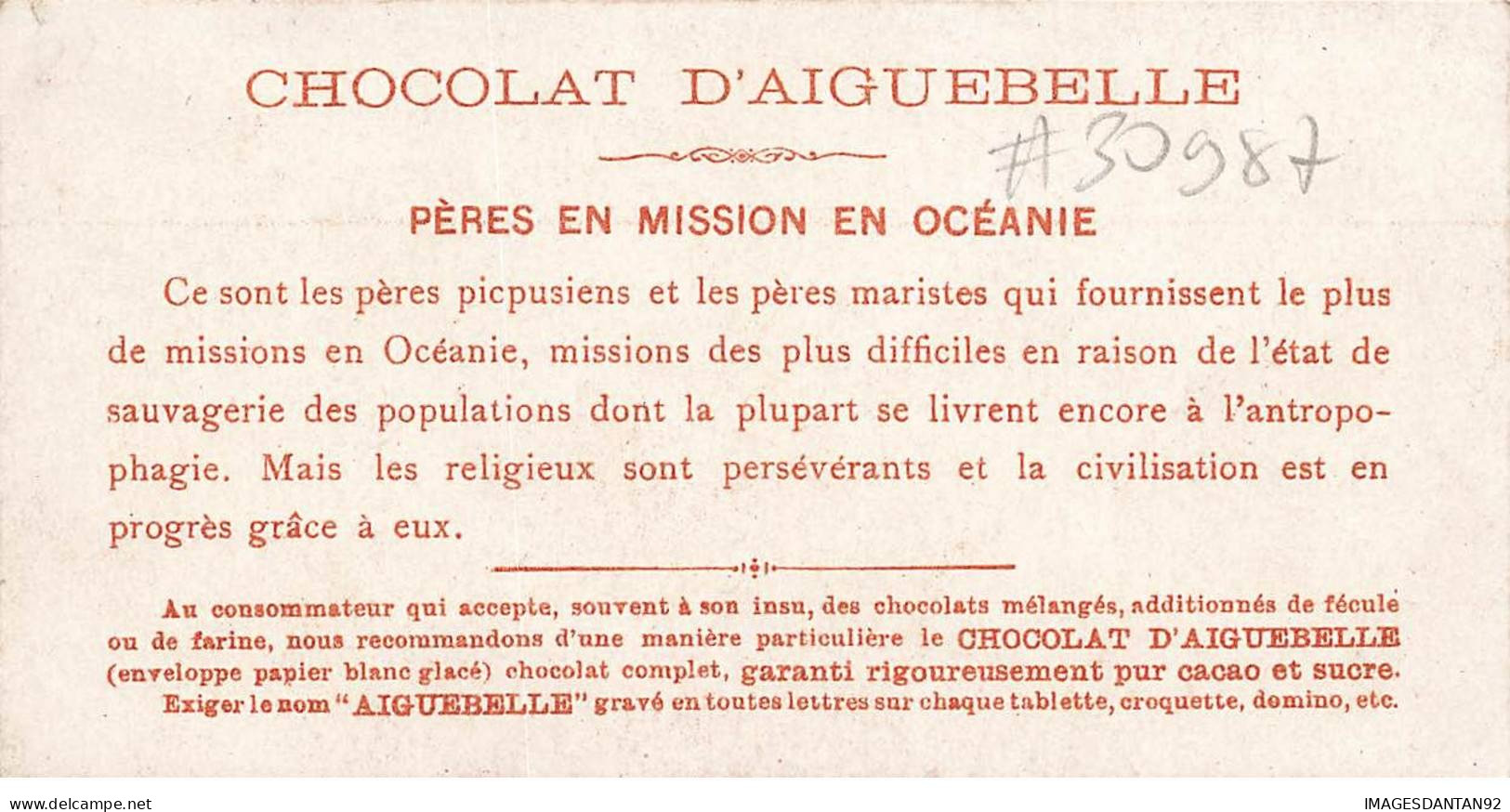 CHROMO #CL30987 CHOCOLAT D AIGUEBELLE PRETRES MISSIONNAIRES CATECHISME HABITATION TRADITIONNELLE OCEANIE - Aiguebelle