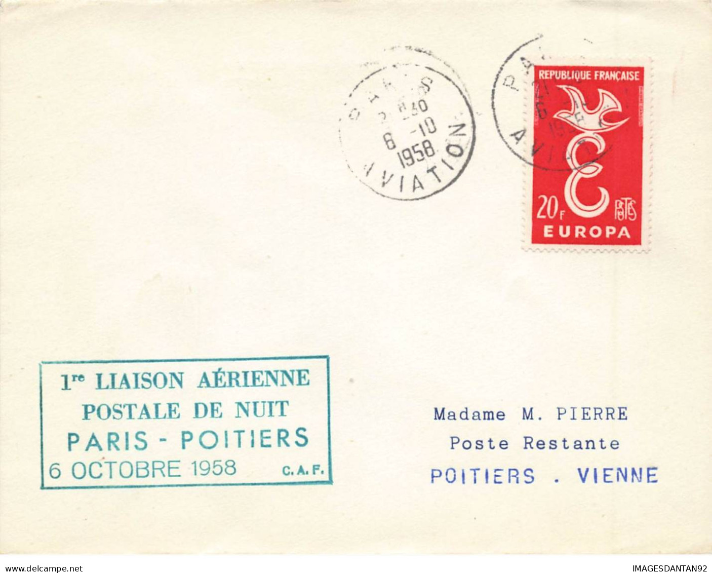 FRANCE #36361 1 ERE LIAISON AERIENNE DE NUIT PARIS POITIERS 1958 - Storia Postale