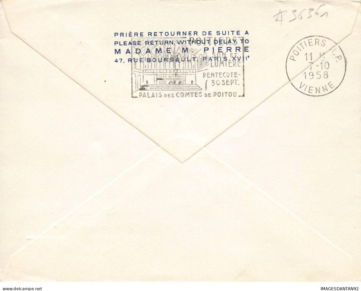 FRANCE #36361 1 ERE LIAISON AERIENNE DE NUIT PARIS POITIERS 1958 - Brieven En Documenten