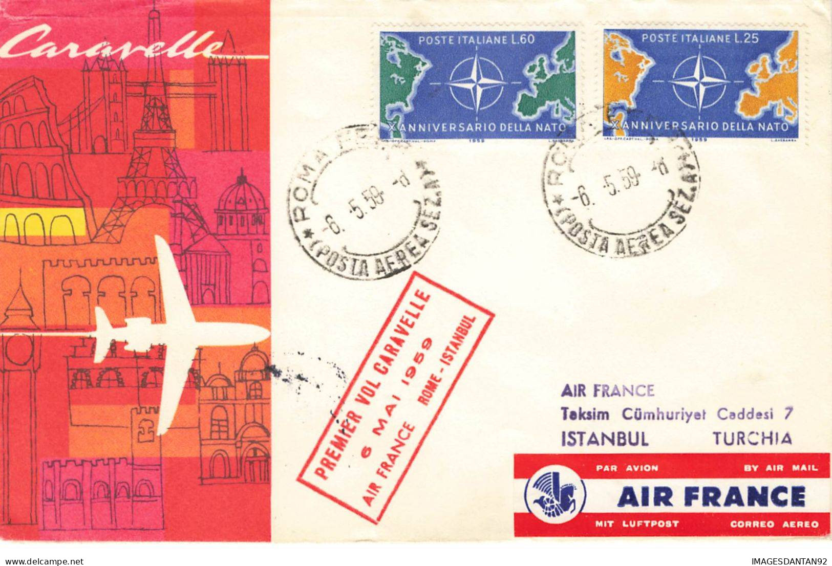 FRANCE #36360 AIR FRANCE PRMIERE BOL CARAVELLE ROME ISTANBUL 1959 - Lettres & Documents