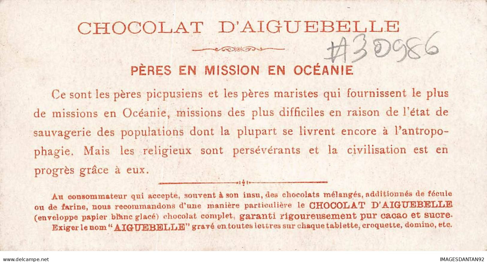 CHROMO #CL30986 CHOCOLAT D AIGUEBELLE PRETRES MISSIONNAIRES CATECHISME HABITATION TRADITIONNELLE OCEANIE - Aiguebelle