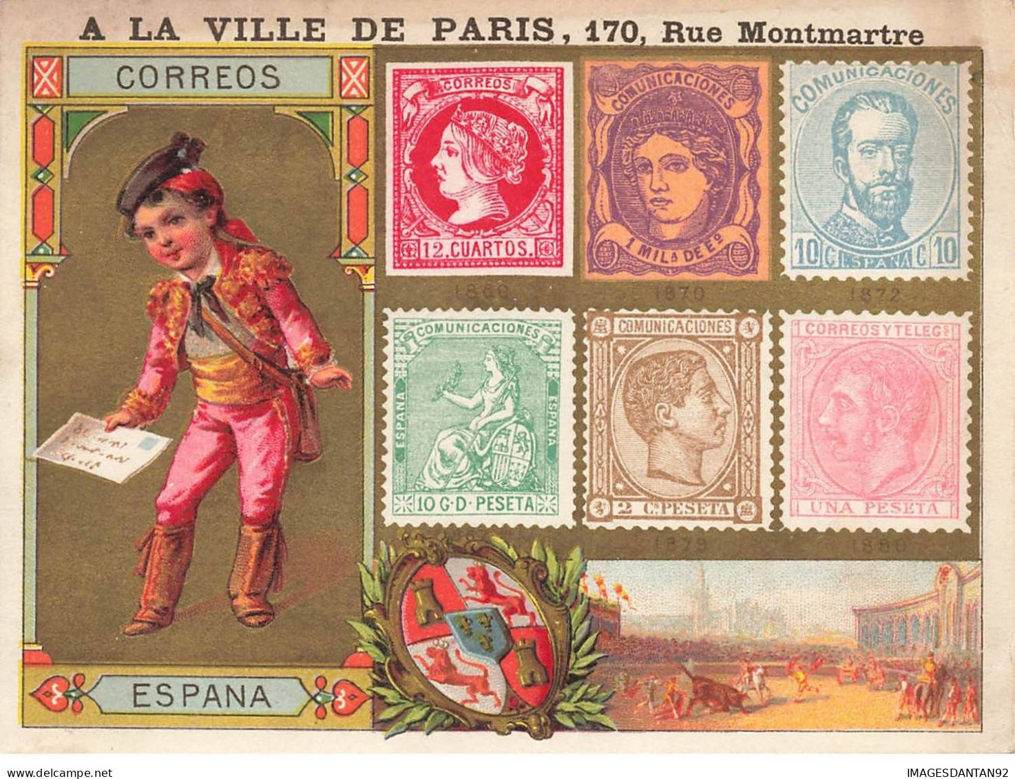 CHROMO #CL30809 LA VILLE DE PARIS CORREOS ESPANA ESPAGNE TIMBRES HUTINET PARIS - Otros & Sin Clasificación