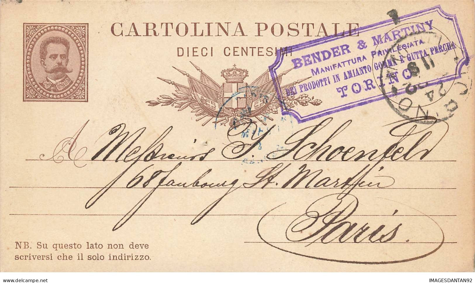 ITALIE ITALIA #32796 TORINO FERROVIA POUR PARIS CACHET BENDER MARTIGNY MANIFATTURA PRIVILEGIATA 1892 - Interi Postali