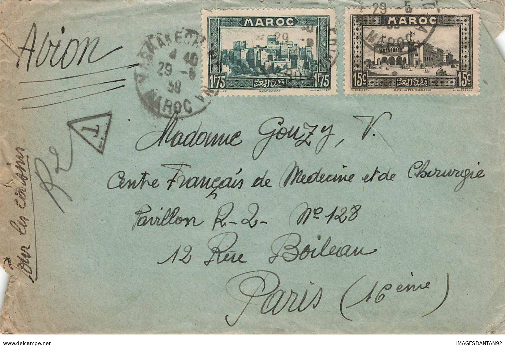 MAROC #32780 MARRAKECH A PARIS SUR LETTRE 1938 PAR AVION ADJUDANT MONITEUR CASABLANCA - Cartas & Documentos