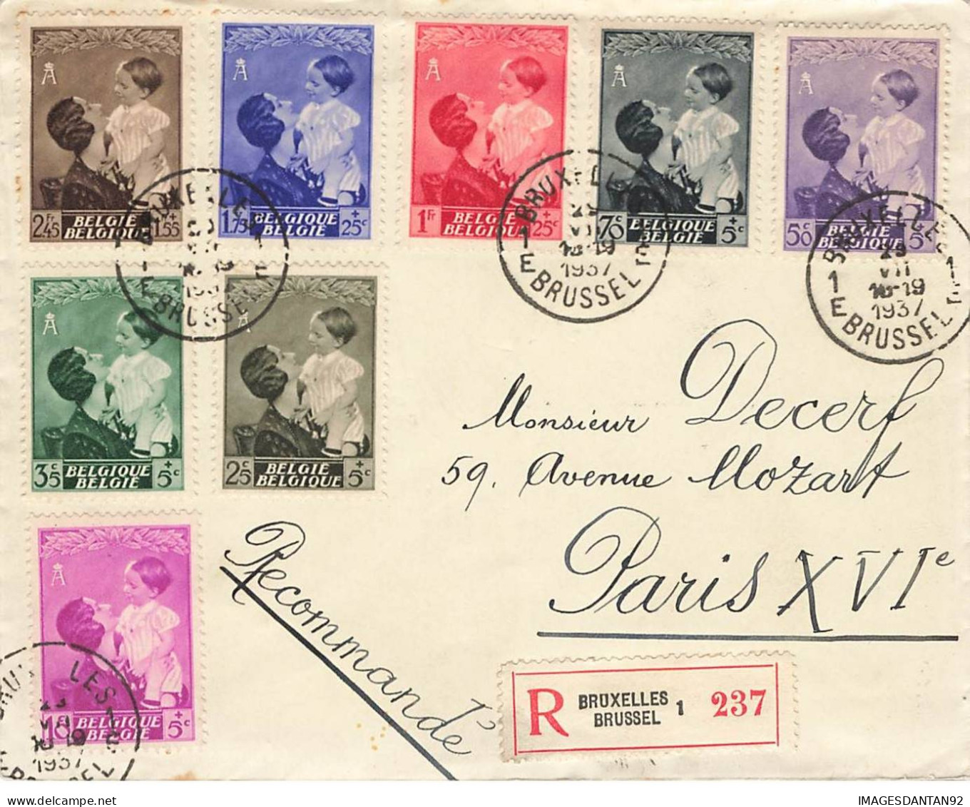 BELGIQUE #32781 BRUXELLES BRUSSEL POUR PARIS SUR LETTRE 1937 REINE ASTRID RECOMMANDE - Storia Postale