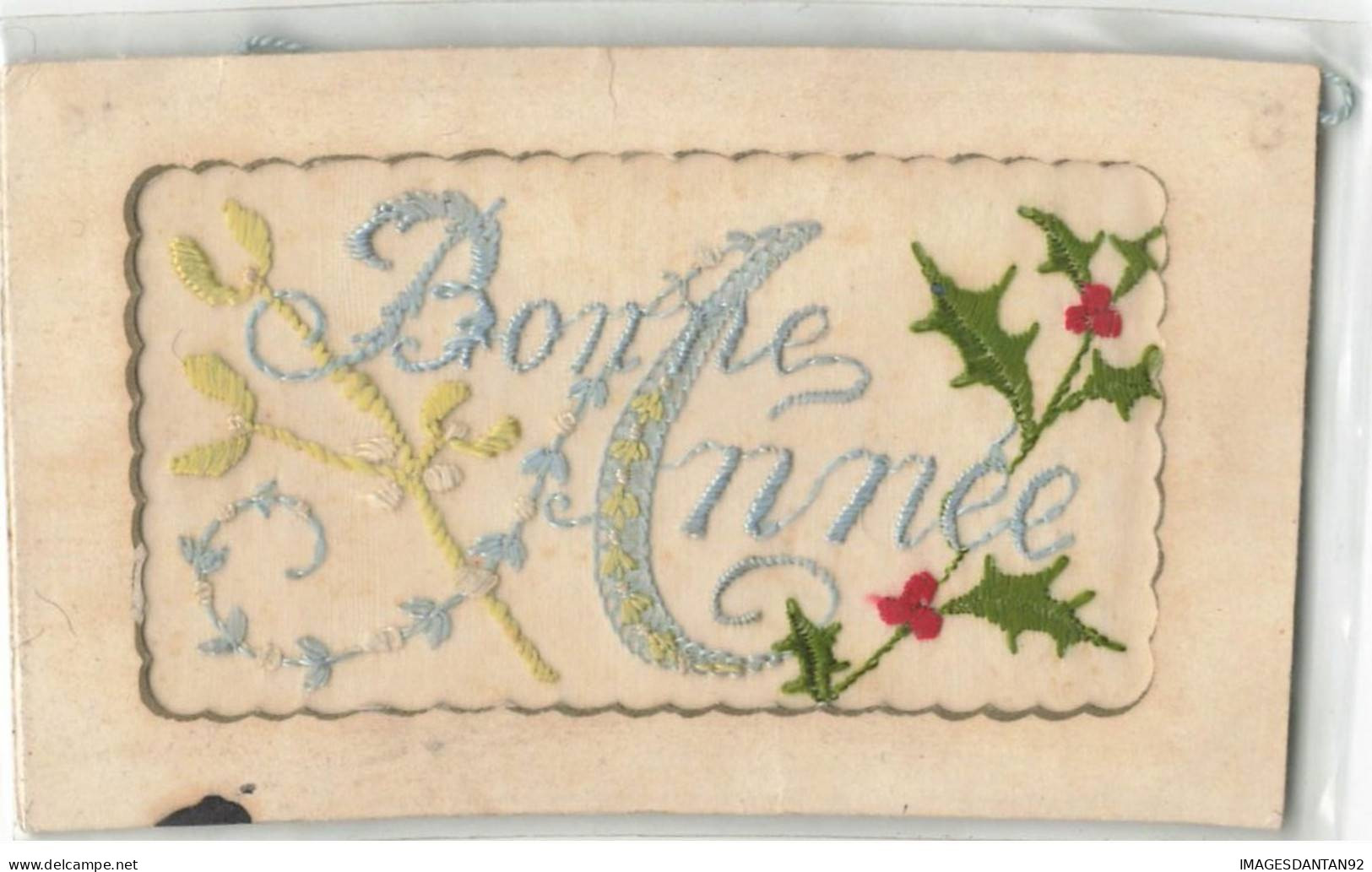 CARTE BRODEE #MK34007 BONNE ANNEE BRANCHE DE HOUX DOUBLE POEME - Embroidered