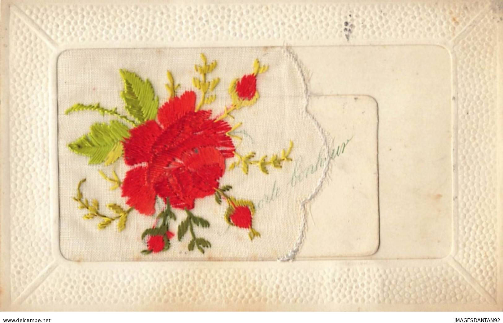 CARTE BRODEE #MK33996 PORTE BONHEUR FLEURS ROSES ROUGE - Embroidered