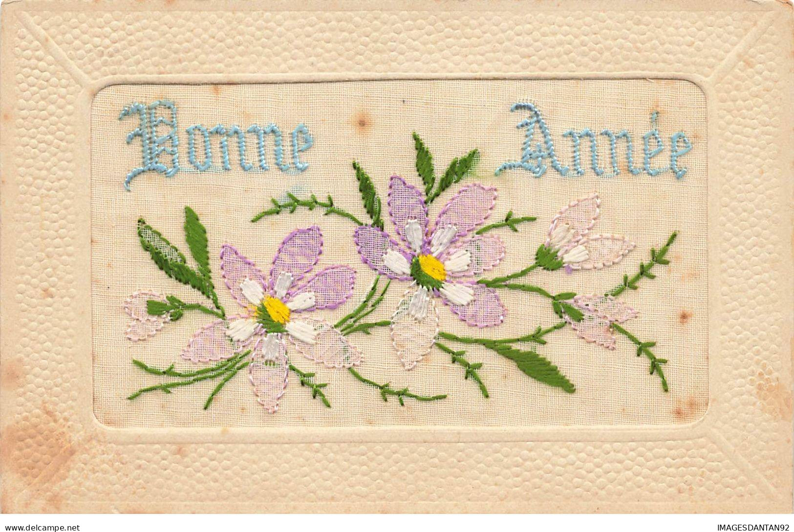 CARTE BRODEE #MK33993 BONNE ANNEE JOLIE FLEURS VIOLETTE JAUNE ET BLANCHE - Embroidered