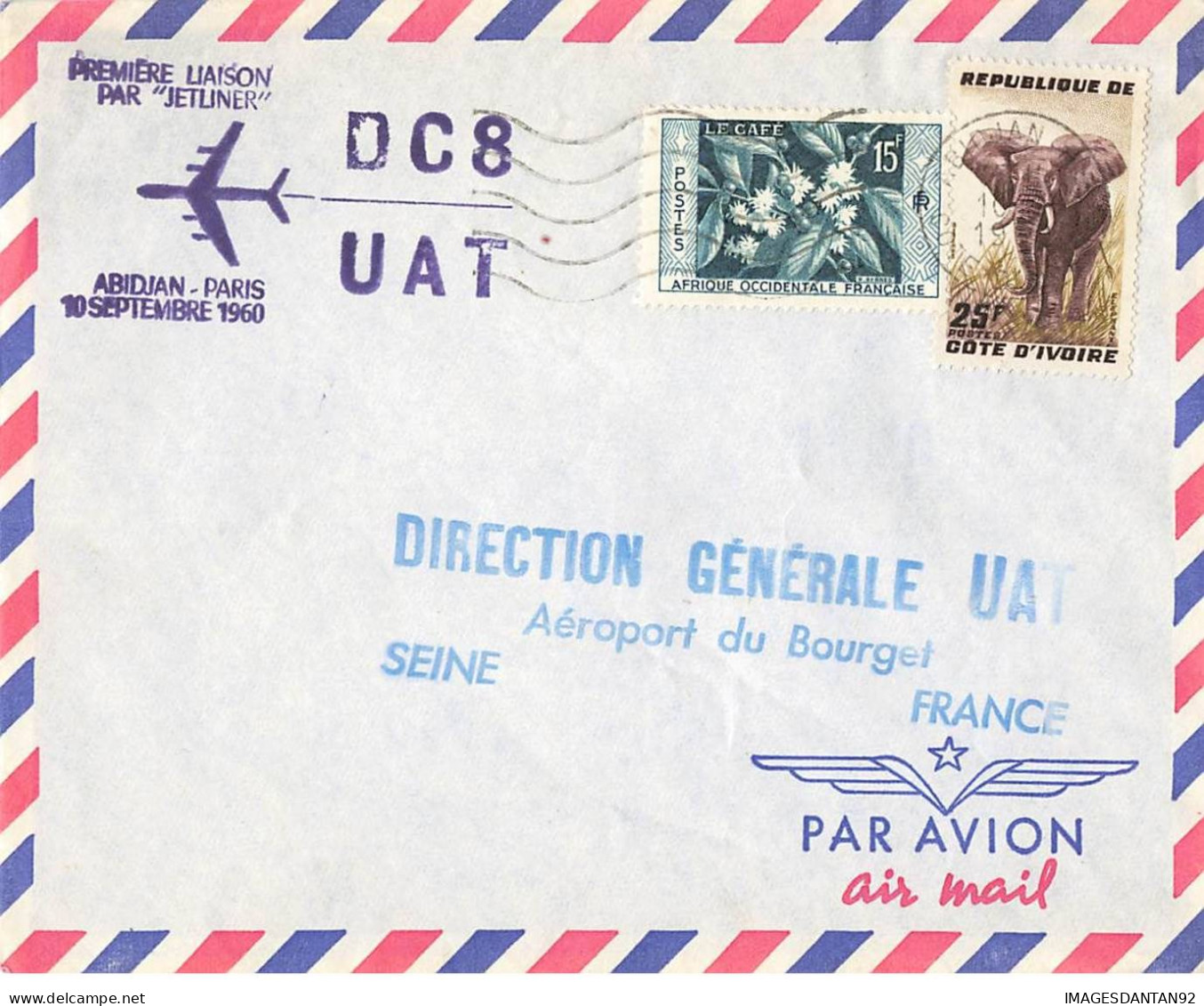 FRANCE #36403 AIR FRANCE ABIDJIAN PARIS 1ERE LIAISON JETLINER 1960 - Brieven En Documenten