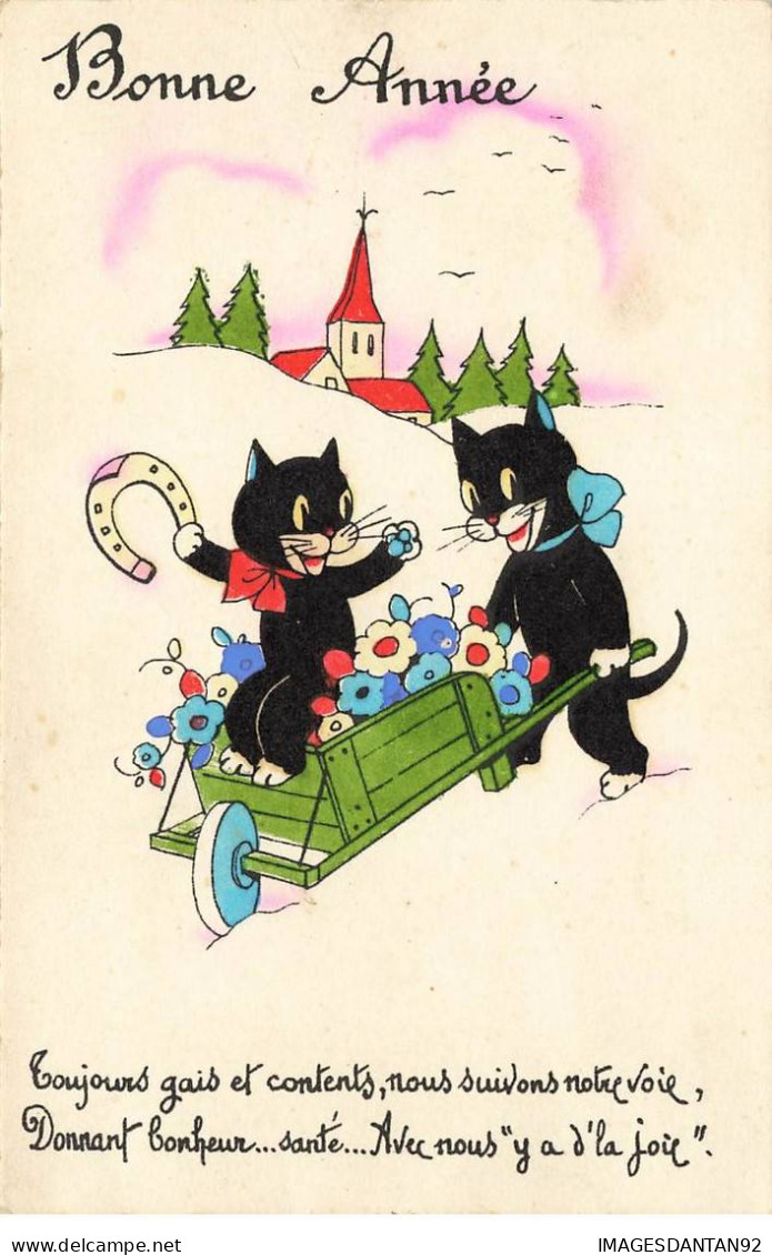 CHATS CHAT #FG35195 CAT KATZE NOIR BONNE ANNEE BROUETTE FLEURIE TOUJOURS GAIS PORTE BONHEUR - Cats