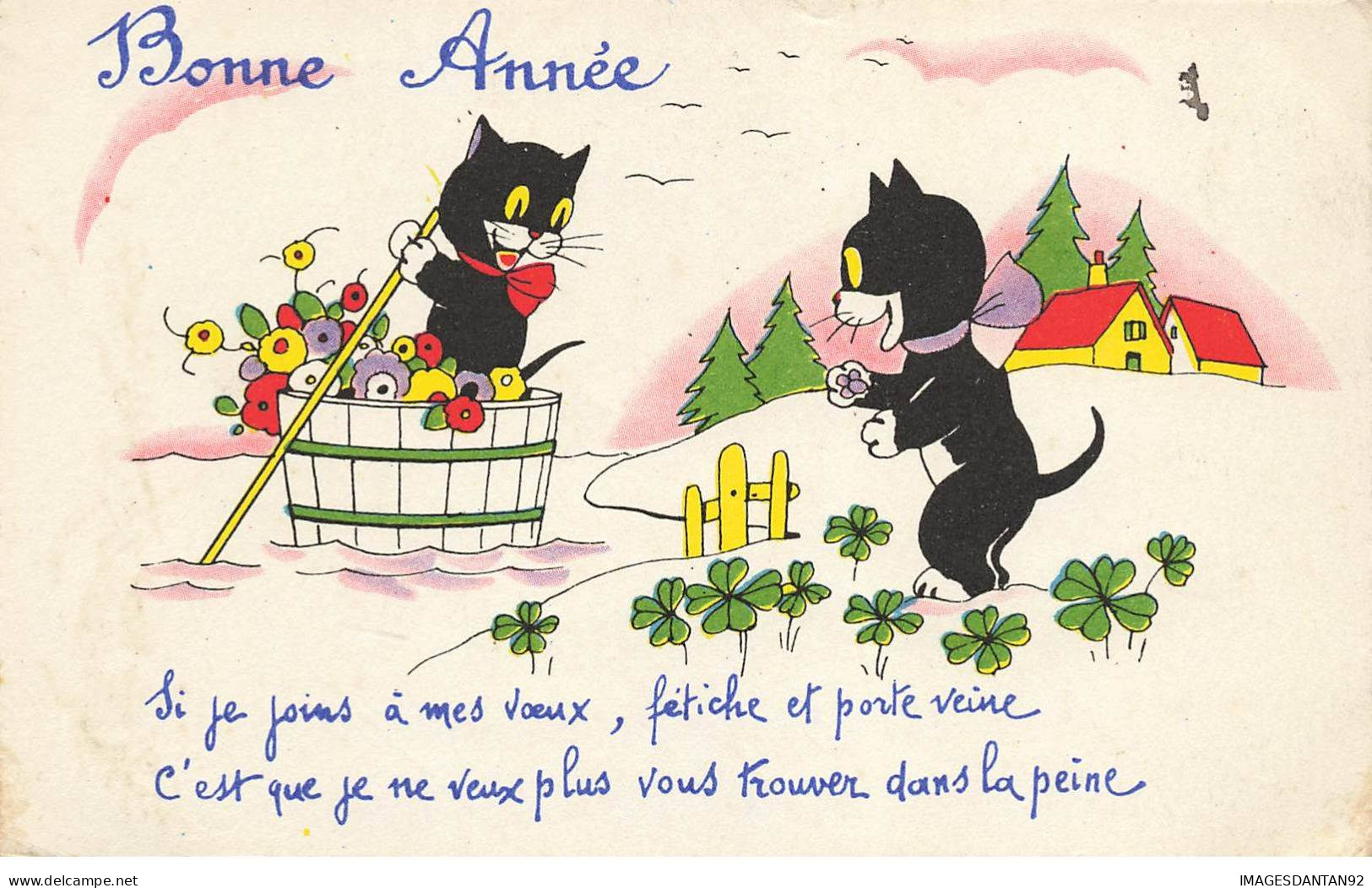 CHATS CHAT #FG35194 CAT KATZE NOIR BONNE ANNEE BARQUE FLEURIE ET PORTE VEINE - Cats