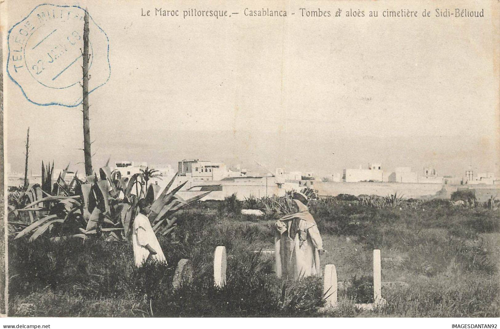 MAROC MK39451 CASABLANCA TOMBES ET ALOES AU CIMETIERE DE SIDI BELIOU + CACHET MILITAIRE TELEGRAPHIE - Casablanca