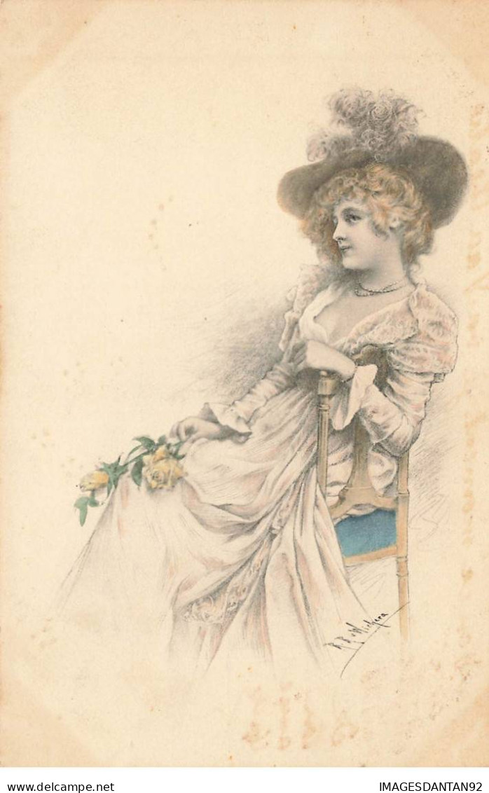 ILLUSTRATEUR #FG37816 FEMME A CHAPEAU SUR UNE CHAISE ET ROSE BLANCHE M.M. VIENNE - Vienne